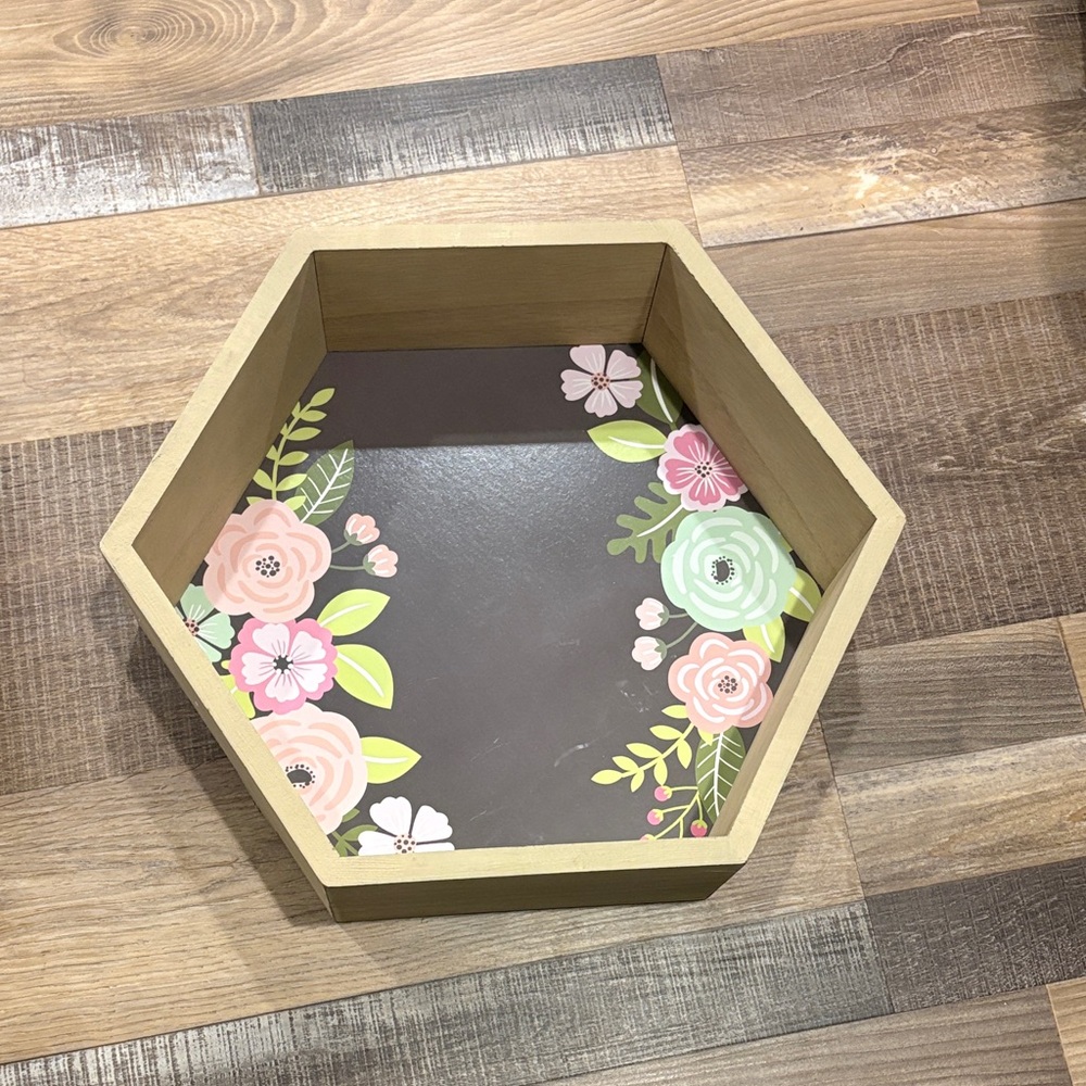 Hobby Lobby Hexagonal Floral Wood Tray in Brown, Pink, Green